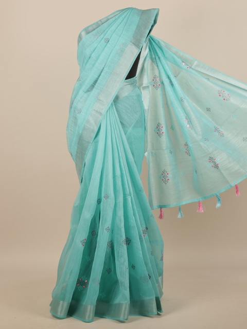 

Pothys Turquoise Blue & Grey Ethnic Motifs Mirror Work Saree