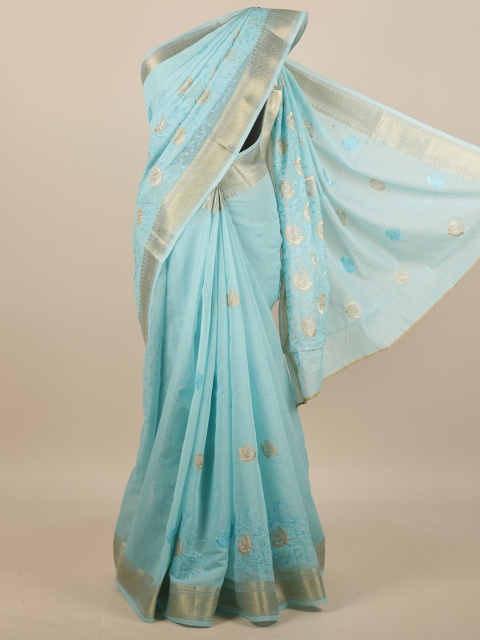 

Pothys Blue & Silver-Toned Ethnic Motifs Saree