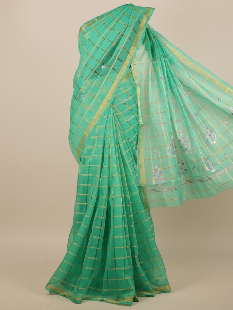 

Pothys Green & Gold-Toned Checked Embroidered Saree