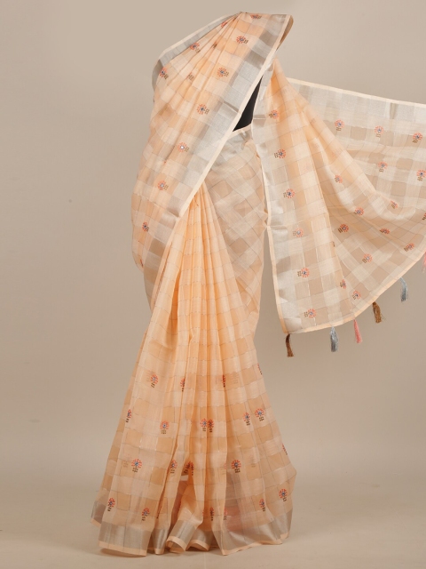 

Pothys Peach-Coloured & Brown Floral Mirror Work Linen Blend Saree