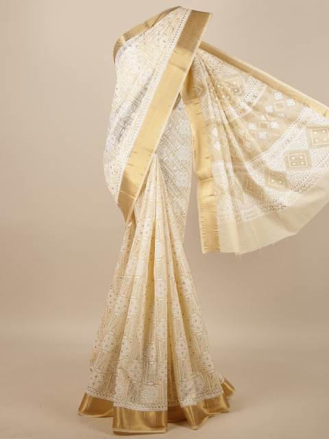 

Pothys Cream-Coloured & White Cotton Blend Saree