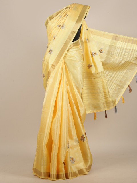 

Pothys Yellow Floral Embroidered Jute Silk Saree
