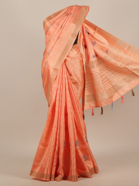 

Pothys Peach-Coloured Floral Embroidered Jute Silk Saree