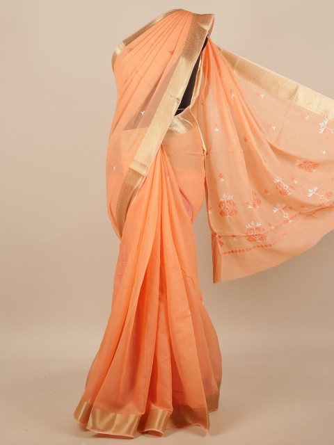 

Pothys Peach-Coloured & Gold-Toned Ethnic Motifs Embroidered Saree