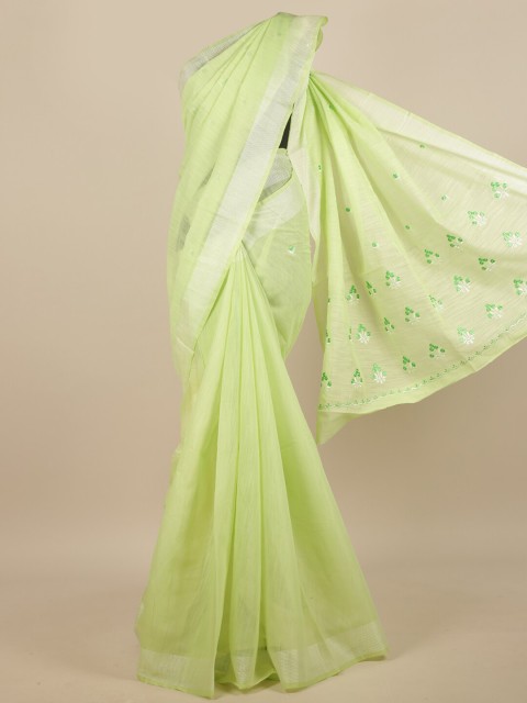 

Pothys Green & White Embroidered Cotton Blend Saree