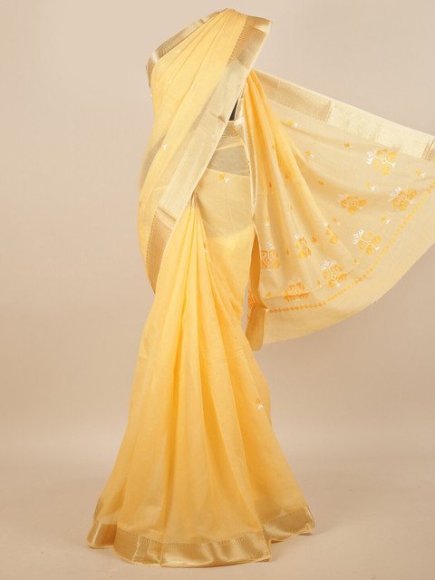

Pothys Yellow & Silver-Toned Ethnic Motifs Embroidered Saree