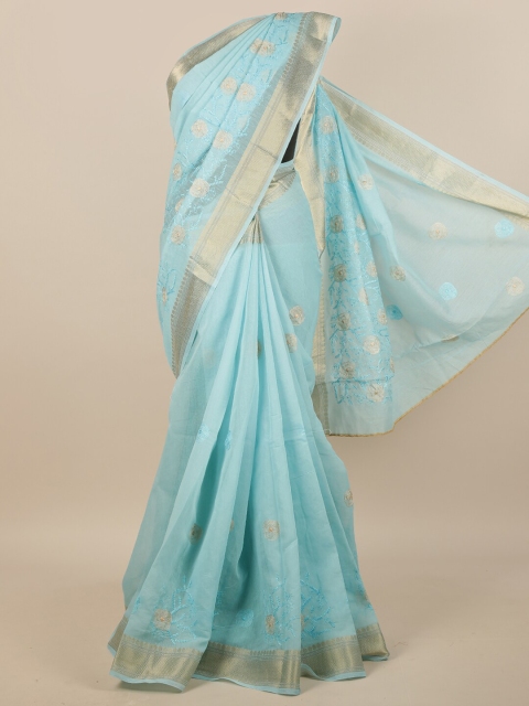 

Pothys Blue & Silver-Toned Floral Embroidered Saree