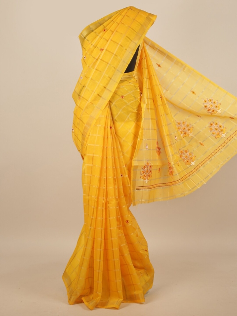 

Pothys Yellow & Red Checked Embroidered Saree