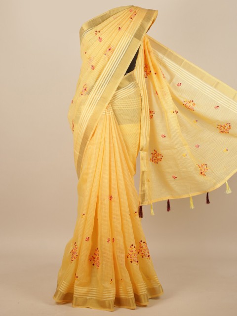 

Pothys Yellow & Red Ethnic Motifs Embroidered Saree
