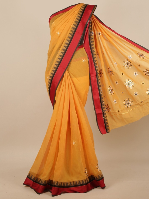

Pothys Mustard & Red Embroidered Cotton Blend Saree