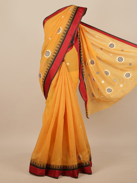 

Pothys Mustard & Red Ethnic Motifs Embroidered Saree
