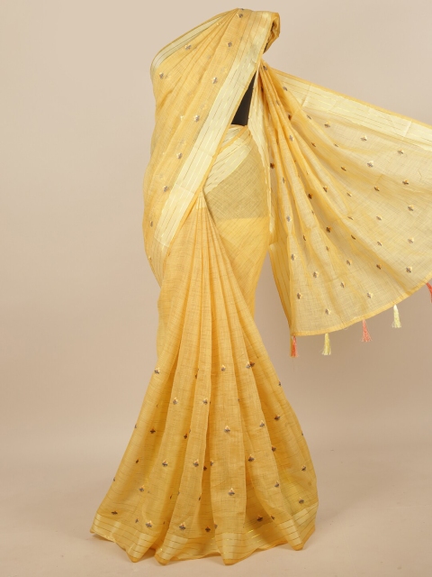 

Pothys Yellow & Gold-Toned Floral Embroidered Saree