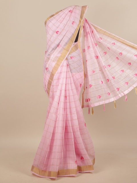 

Pothys Pink Checked Embroidered Saree