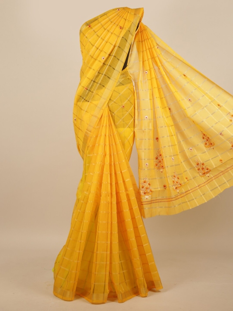 

Pothys Yellow & Gold-Toned Checked Embroidered Saree