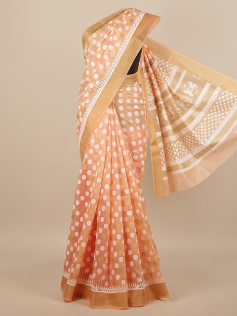 

Pothys Peach-Coloured & White Zari Cotton Blend Saree