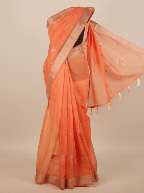 

Pothys Orange Ethnic Motifs Embroidered Saree