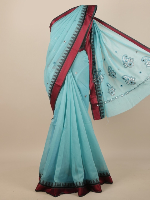 

Pothys Turquoise Blue & Red Floral Embroidered Saree