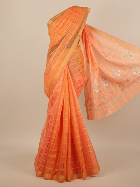 

Pothys Orange & Gold-Toned Checked Embroidered Saree