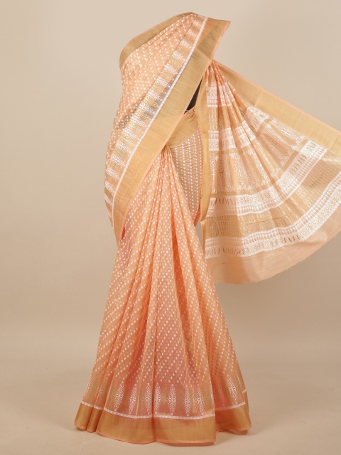 

Pothys Peach-Coloured & White Ethnic Motifs Zari Saree