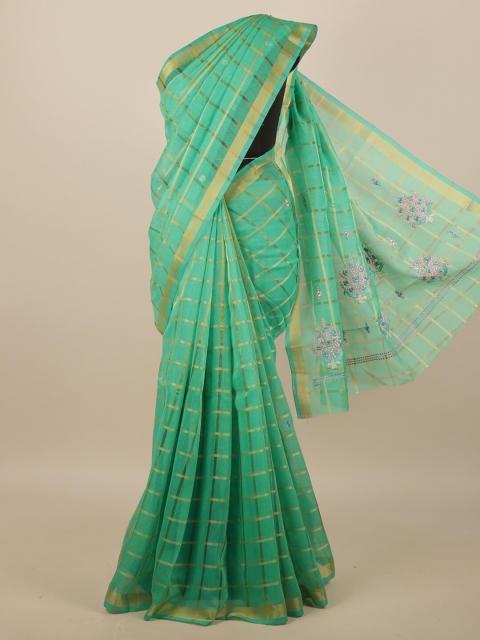 

Pothys Sea Green Checked Embroidered Saree