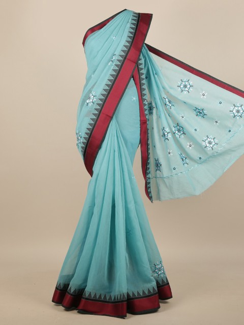 

Pothys Turquoise Blue & White Floral Embroidered Saree
