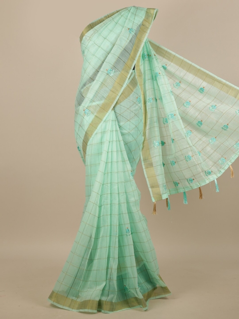 

Pothys Sea Green & Gold-Toned Checked Embroidered Saree