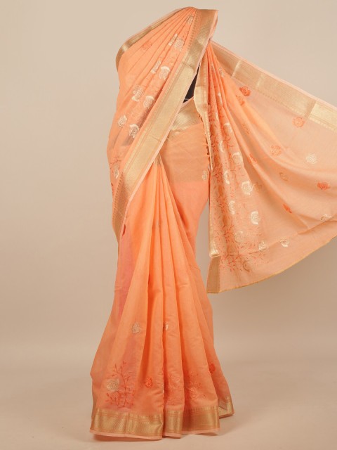 

Pothys Peach-Coloured & Gold-Toned Floral Embroidered Saree