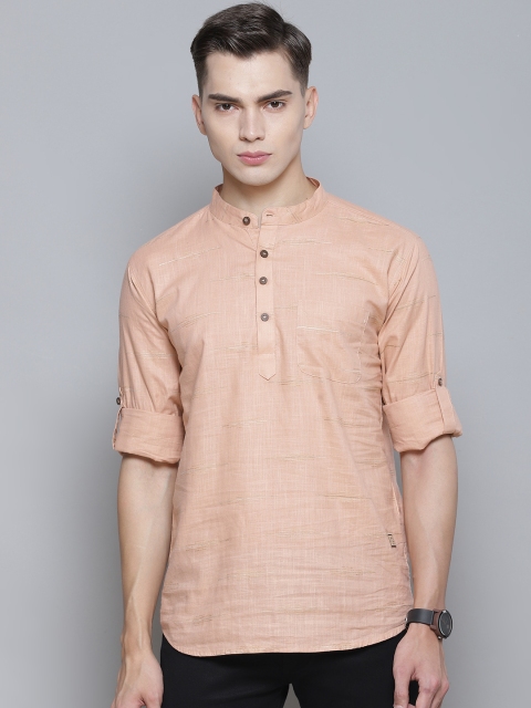 

DENNISON Men Peach-Coloured Comfort Slim Fit Striped Short Kurta