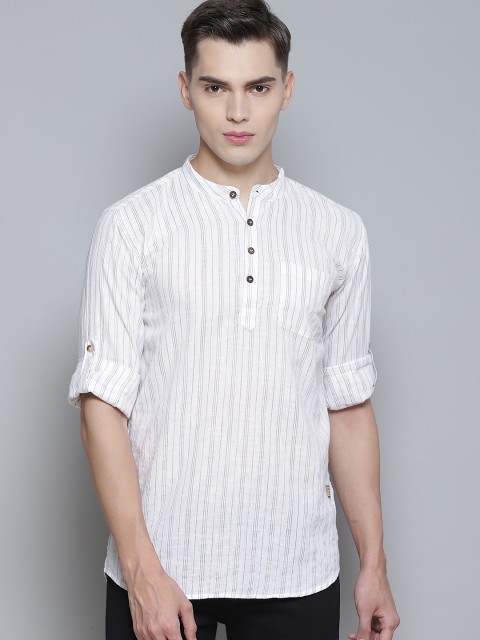 

DENNISON Men White Striped Comfort Slim Fit Opaque Cotton Kurta