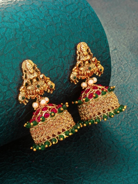 

aadita Gold-Plated Gold-Toned & Red Contemporary Jhumkas Earrings