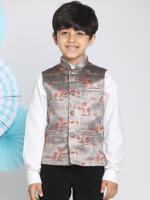 

VASTRAMAY Boys Grey & Red Woven-Design Jacquard Slim-Fit Nehru Jacket