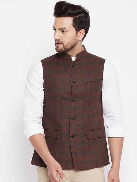 

Spirit Men Brown & Maroon Checked Nehru Jacket