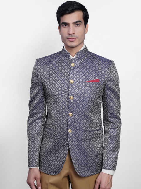 

Wintage Men Blue & Grey Printed Banarasi Bandhgala Blazer