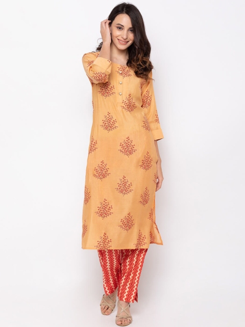 

ZOLA Women Orange Ethnic Motifs Embroidered Panelled Pure Cotton Kurti with Trousers