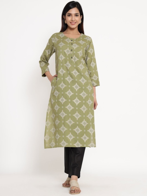 

ZOLA Women Olive Green Printed Panelled Kurti with Trousers
