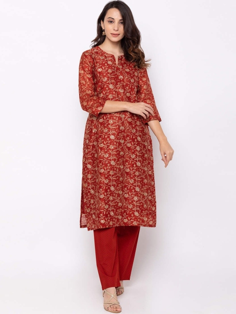 

ZOLA Women Maroon Floral Embroidered Panelled Pure Cotton Kurti with Trousers