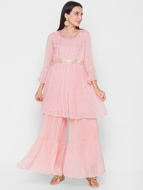 

ZOLA Women Pink Embroidered High Slit Kurti with Sharara & With Dupatta