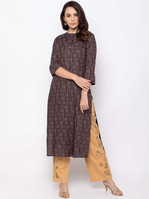 

ZOLA Women Black Striped Pleated Pure Cotton Kurti with Trousers