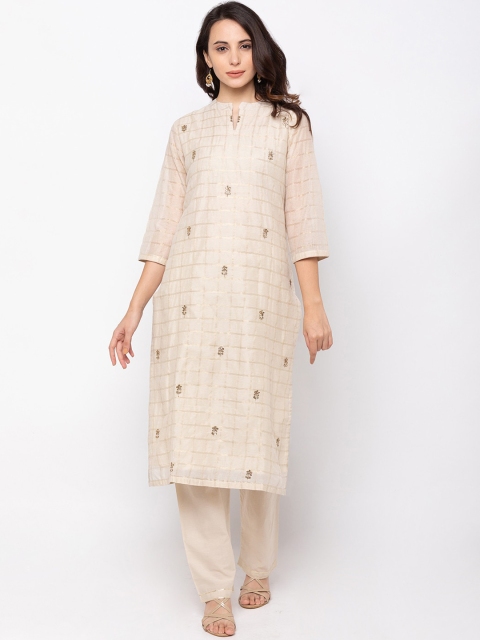 

ZOLA Women Beige Floral Angrakha Kurti with Trousers