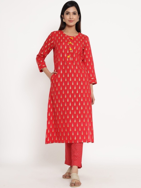 

ZOLA Women Red Ethnic Motifs Yoke Design Panelled Kurti with Trousers