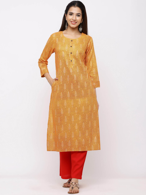 

ZOLA Women Mustard Yellow Ethnic Motifs Printed Pleated Kurti with Trousers