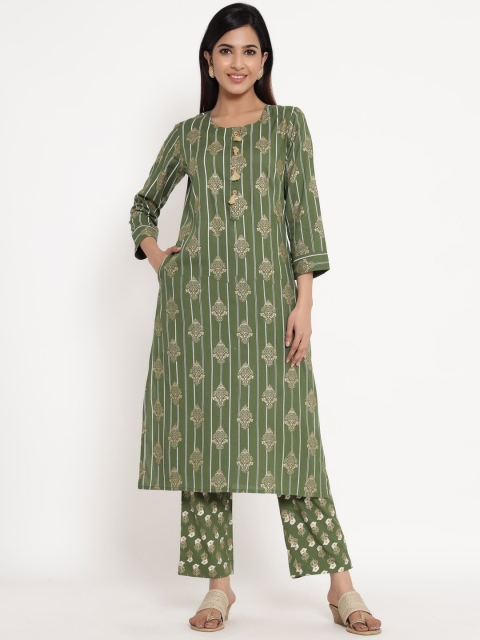 

ZOLA Women Olive Green Printed Regular Kurta with Trousers