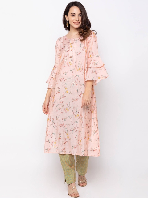 

ZOLA Women Peach-Coloured Floral Printed Art Silk Regular Kurta with Trousers