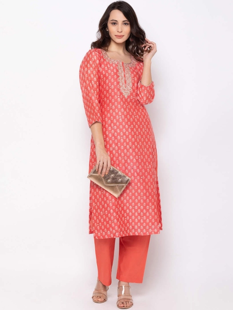 

ZOLA Women Peach-Coloured Ethnic Motifs Printed Thread Work Kurta with Trousers
