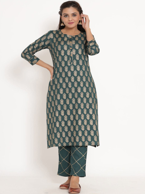 

ZOLA Women Green Ethnic Motifs Printed Regular Kurta with Trousers