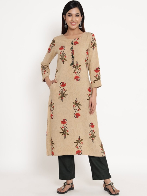 

ZOLA Women Beige Floral Printed Regular Thread Work Kurta with Trousers