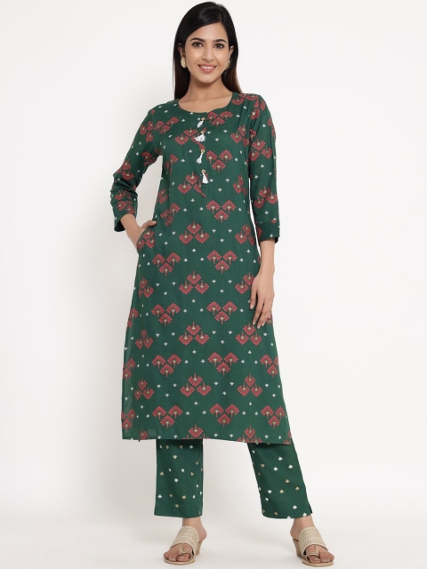 

ZOLA Women Green Ethnic Motifs Printed Regular Thread Work Kurta with Trousers