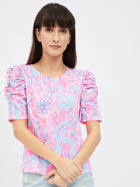 

Harpa Pink & Blue Floral Printed Puff Sleeved Regular Top