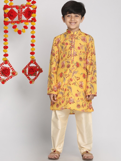 

VASTRAMAY Boys Yellow & Red Ethnic Motifs Printed Gotta Patti Kurta with Pyjamas