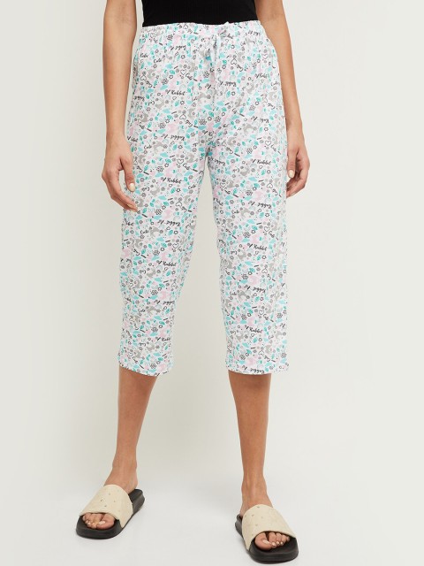 

max Women White & Blue & Pink Printed Cotton Lounge Pants